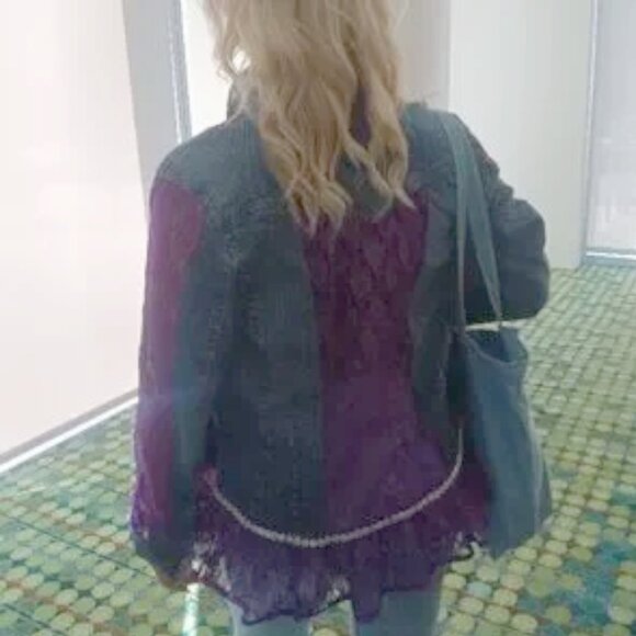 HAND CRAFTED Jacket Denim Upcycled Blue Jean Purple Lace Embellished XL - Picture 2 of 14